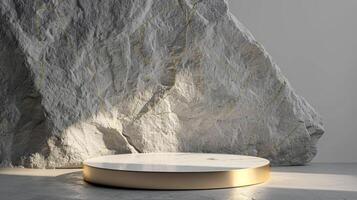 AI generated A white and gold of a nature marble platform surrounded by rocks. The background is geometric Stone and Rock shape, minimalist mockup for podium display showcase, studio room photo