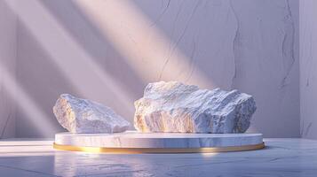 AI generated A white and gold of a nature marble platform surrounded by rocks. The background is geometric Stone and Rock shape, minimalist mockup for podium display showcase, studio room photo