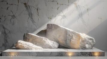 AI generated A white and gold of a nature marble platform surrounded by rocks. The background is geometric Stone and Rock shape, minimalist mockup for podium display showcase, studio room photo
