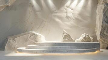 AI generated A white and gold of a nature marble platform surrounded by rocks. The background is geometric Stone and Rock shape, minimalist mockup for podium display showcase, studio room photo