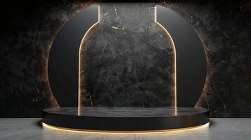 AI generated A black and gold of a nature marble platform surrounded by rocks. The background is geometric Stone and Rock shape, minimalist mockup for podium display showcase, studio room photo