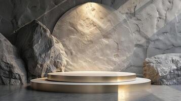 AI generated A white and gold of a nature marble platform surrounded by rocks. The background is geometric Stone and Rock shape, minimalist mockup for podium display showcase, studio room photo