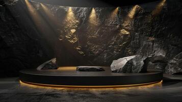 AI generated A black and gold of a nature marble platform surrounded by rocks. The background is geometric Stone and Rock shape, minimalist mockup for podium display showcase, studio room photo