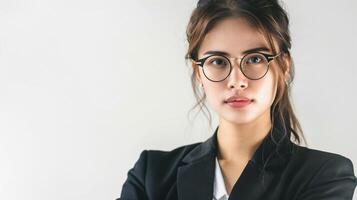 AI generated Smiling businesswoman wearing glasses in an office portrait. Business Woman Cool Looking Concept. on white background. photo