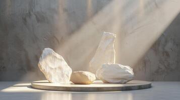 AI generated A white and gold of a nature marble platform surrounded by rocks. The background is geometric Stone and Rock shape, minimalist mockup for podium display showcase, studio room photo