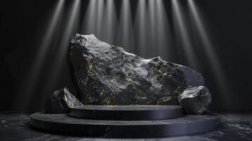 AI generated A black and gold of a nature marble platform surrounded by rocks. The background is geometric Stone and Rock shape, minimalist mockup for podium display showcase, studio room photo