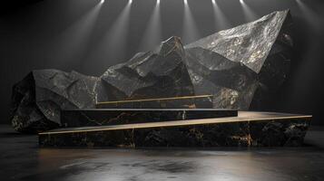 AI generated A black and gold of a nature marble platform surrounded by rocks. The background is geometric Stone and Rock shape, minimalist mockup for podium display showcase, studio room photo