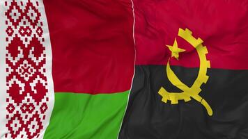 bielorrusia y angola banderas juntos sin costura bucle fondo, serpenteado bache textura paño ondulación lento movimiento, 3d representación video