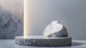 AI generated A white and gold of a nature marble platform surrounded by rocks. The background is geometric Stone and Rock shape, minimalist mockup for podium display showcase, studio room photo