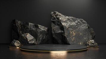 AI generated A black and gold of a nature marble platform surrounded by rocks. The background is geometric Stone and Rock shape, minimalist mockup for podium display showcase, studio room photo