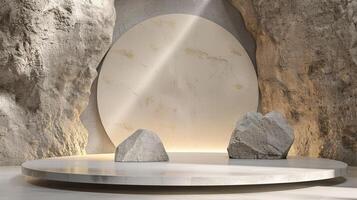 AI generated A white and gold of a nature marble platform surrounded by rocks. The background is geometric Stone and Rock shape, minimalist mockup for podium display showcase, studio room photo