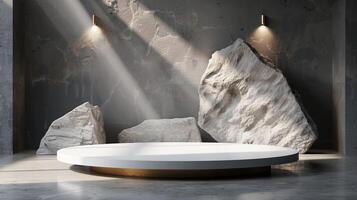 AI generated A white and gold of a nature marble platform surrounded by rocks. The background is geometric Stone and Rock shape, minimalist mockup for podium display showcase, studio room photo
