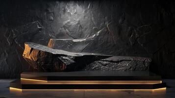 AI generated A black and gold of a nature marble platform surrounded by rocks. The background is geometric Stone and Rock shape, minimalist mockup for podium display showcase, studio room photo