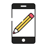 Pencil inside smartphone, flat design of mobile writing vector