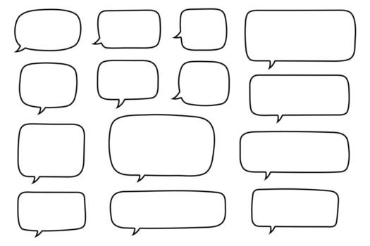 Set of hand drawn line speech bubbles in rectangular shape. Speech balloon, chat bubble art vector line speech bubbles for apps and websites.