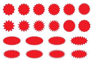 Starburst red sticker set - collection of special offer sale round and oval sunburst labels and buttons isolated on white background. Stickers and badges with star edges for promo advertising. vector