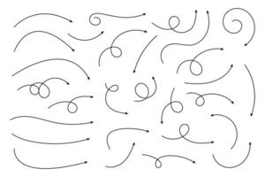 Collection of thin line arrows. Set simple curved hand drawn arrows. Collection of pointers. vector