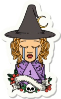 sticker of a crying human witch with natural D20 roll png