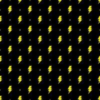 Yellow lightning bolt vector seamless pattern on black background.