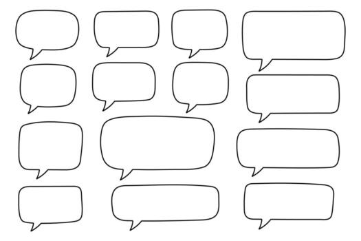 Set of hand drawn line speech bubbles in rectangular shape. Speech balloon, chat bubble art vector line speech bubbles for apps and websites.
