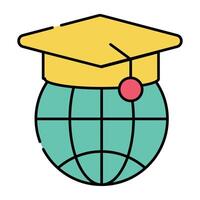 Globe with mortarboard, flat design of global learning vector