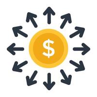 Outward arrows with dollar, icon of cash outflow vector