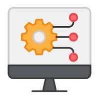 Gear inside monitor, flat design of computer setting vector