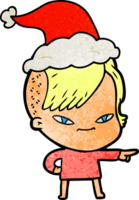 schattig hand- getrokken getextureerde tekenfilm van een meisje met hipster kapsel vervelend de kerstman hoed png