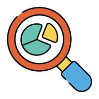 Pie chart under magnifying glass, icon of search data vector