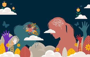 beautiful concept of a step into the unknown future of two girl in the clouds with floral decoration vector