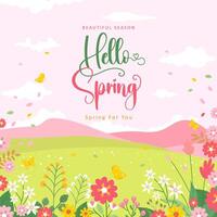 Spring template with beautiful flower and landscape background vector