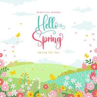 Spring template with beautiful flower and landscape background vector