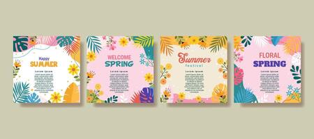 greeting card set template with spring leaves and flowers for social media post, media banner vector