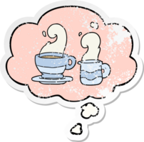 cartoon cup of coffee with thought bubble as a distressed worn sticker png