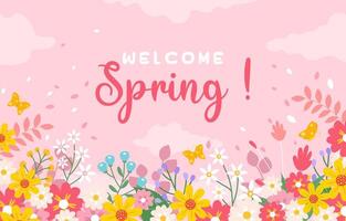 Welcome Spring template with beautiful flowers background vector