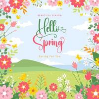 Spring template with beautiful flower and landscape background vector