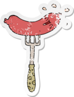 distressed sticker of a cartoon happy sausage on fork png