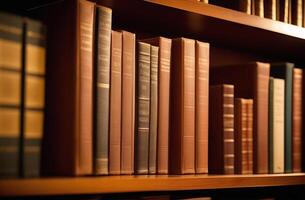 AI Generated Books row standing on shelf in home library. Old bookshelf. photo