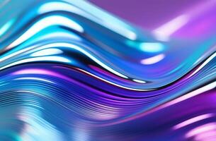 AI Generated Abstract holographic metallic bright blue background, waves. photo