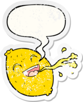 cartoon squirting lemon with speech bubble distressed distressed old sticker png