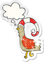 cartoon chicken in funny christmas hat with thought bubble as a distressed worn sticker png