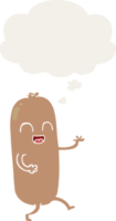 cartoon dancing sausage with thought bubble in retro style png