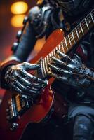 ai generado robot jugando guitarra cerca arriba. ai generado foto