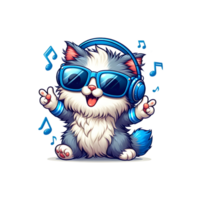AI generated Cute cat wearing blue headphone and sunglass enjoying music on transparent background. png