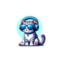 AI generated Cute cat wearing blue headphone and sunglass enjoying music on transparent background. png