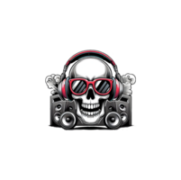 AI generated Skull head with big headphones and round sunglasses on transparent background. png