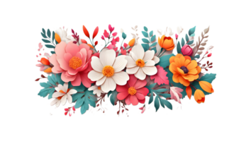 AI generated Floral background decorated with pretty colorful blooming flowers and leaves border. Spring botanical illustration on transparent background. png