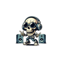 AI generated Skull with big headphones and round sunglasses. The skull dancing and singing along to some hip hop music. png