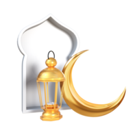 3d rendering golden lantern and crescent moon with Islam decoration png