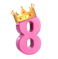 3D Rendering Pink Number Eight Wearing Golden Crown png